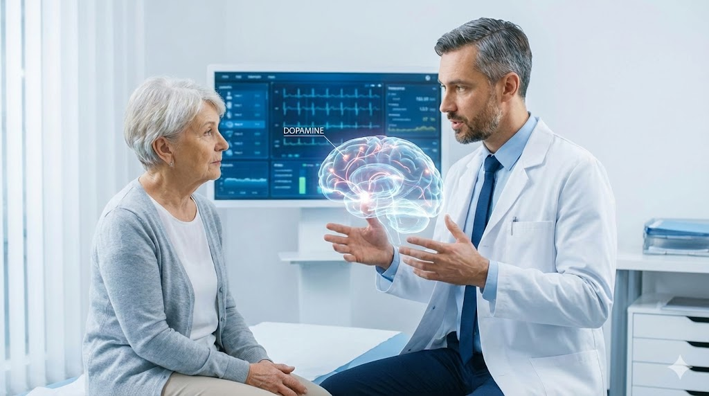 파킨슨병 정밀 진단을 위해 뇌 신경 구조를 상담하는 전문의와 환자 이미지