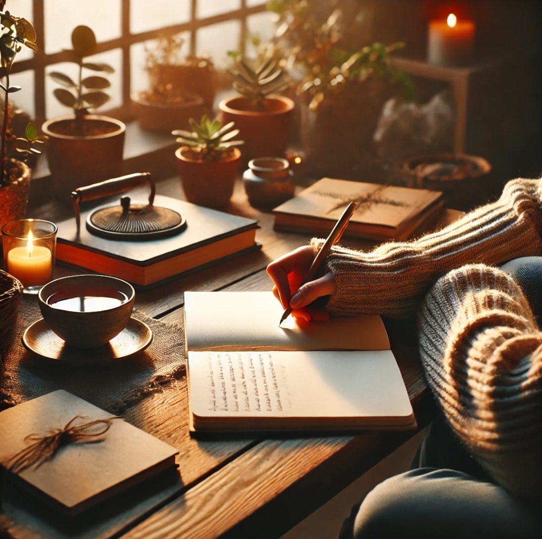 따뜻한 분위기 속에서 노트에 생각을 기록하며 내면을 탐색하는 모습