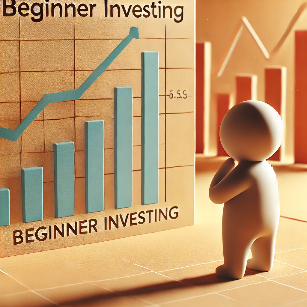 주식 투자 개념 이미지 – 작은 사람이 증권 그래프를 바라보며 첫 투자를 고민하는 모습