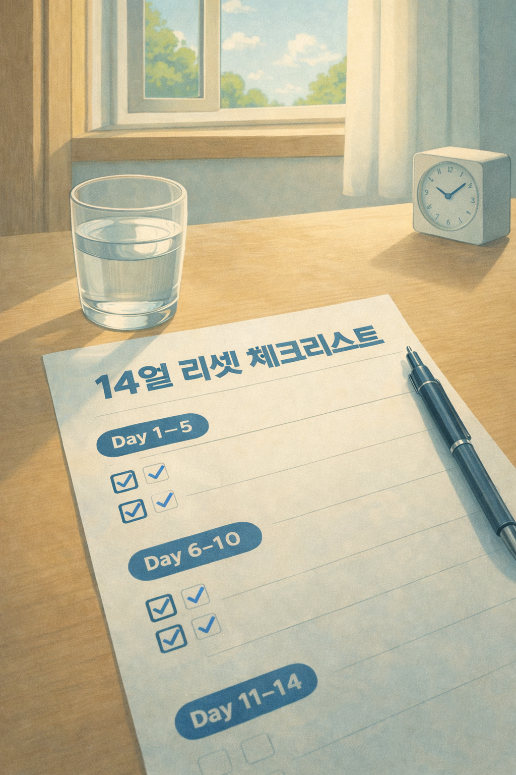 마운자로 중단 후 대사 리셋과 요요 방지를 위한 14일 체크리스트가 놓인 아침 책상 장면