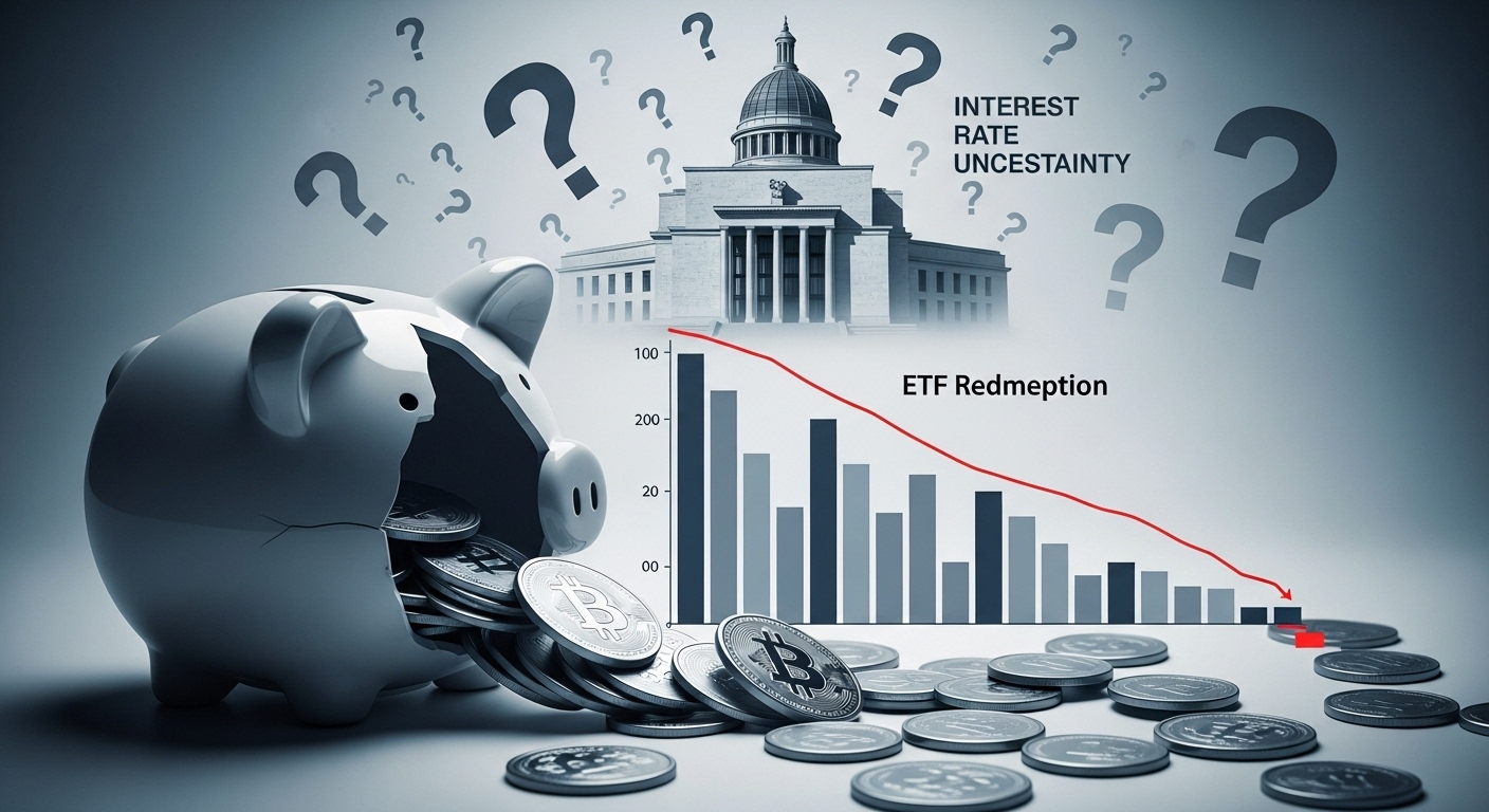 비트코인 가격 하락과 함께 부서진 저금통, 비트코인 ETF 대규모 환매, 그리고 연준의 금리 불확실성을 나타내는 이미지