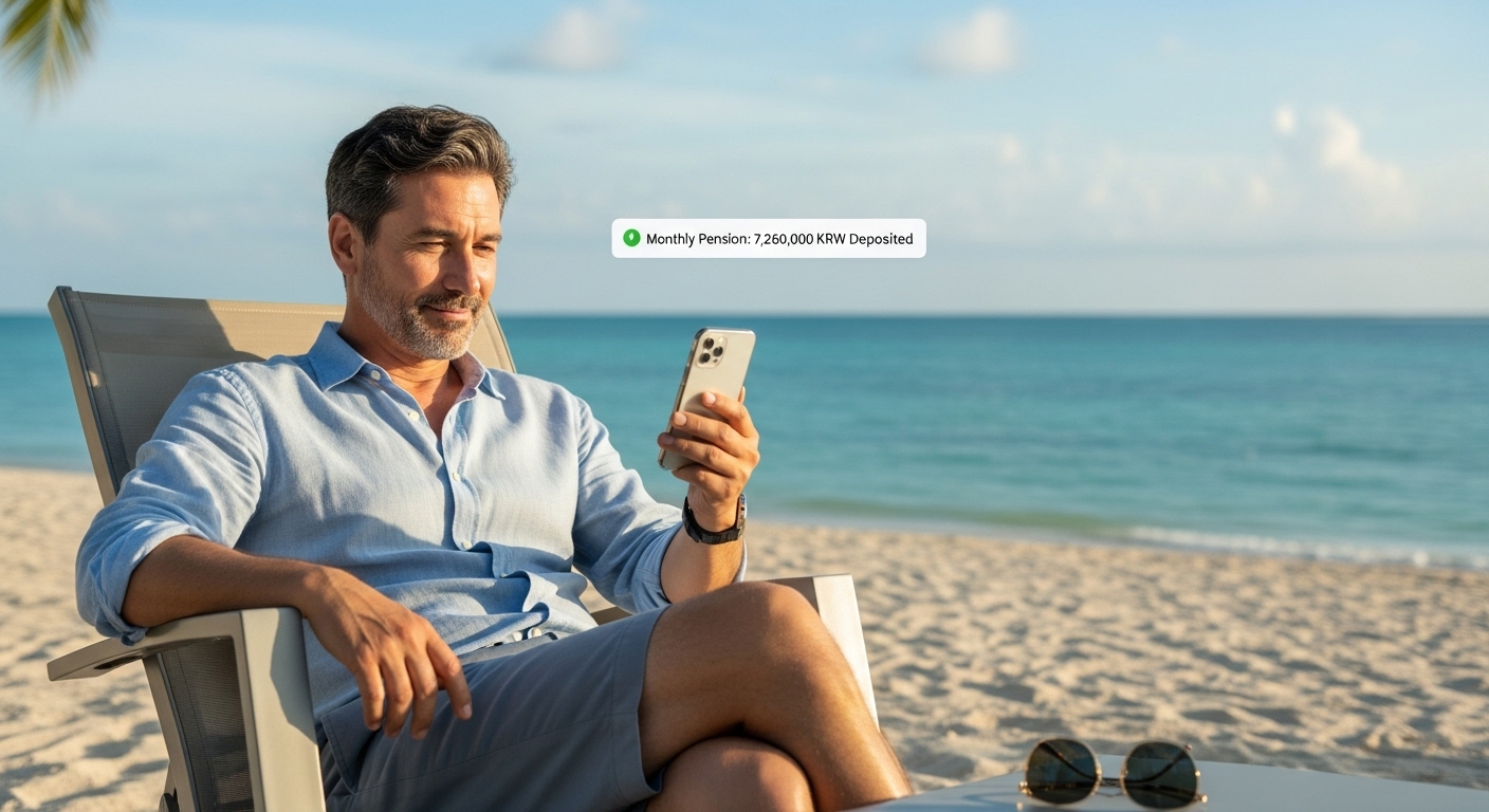 15년 뒤, 여유로운 표정으로 스마트폰에서 '월 726만원 입금' 알림을 확인하며 여행을 즐기는 '빈이아빠'의 미래 모습