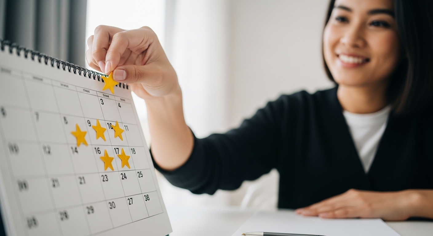 달력에 작은 성공을 상징하는 별 스티커를 붙이며 만족스러워하는 사람. 꾸준한 작은 성공이 자기 효능감을 높이는 것을 표현.