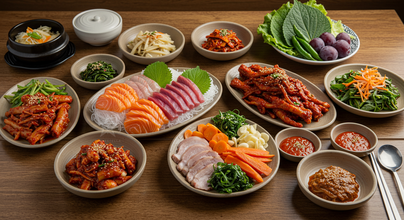 연어, 참치, 닭발, 돼지껍데기무침, 다양한 채소와 과일의 한상차림