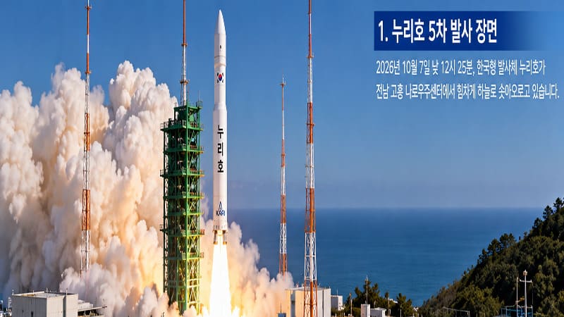 <img src=”nuri-rocket-fifth-launch-2026.jpg” alt=”한국형 발사체 누리호가 발사대에서 하늘로 솟아오르는 모습”>