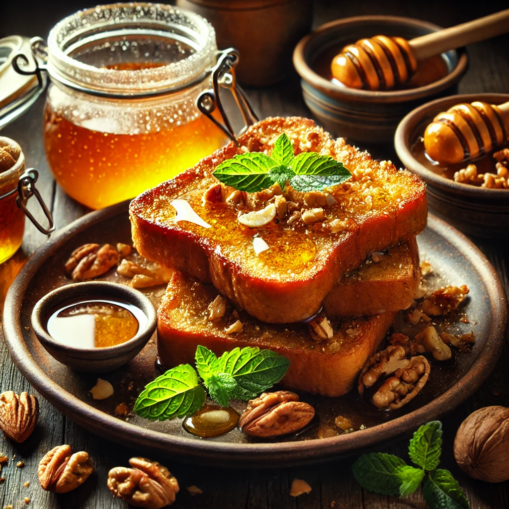 꿀과 견과류가 토핑된 프렌치토스트