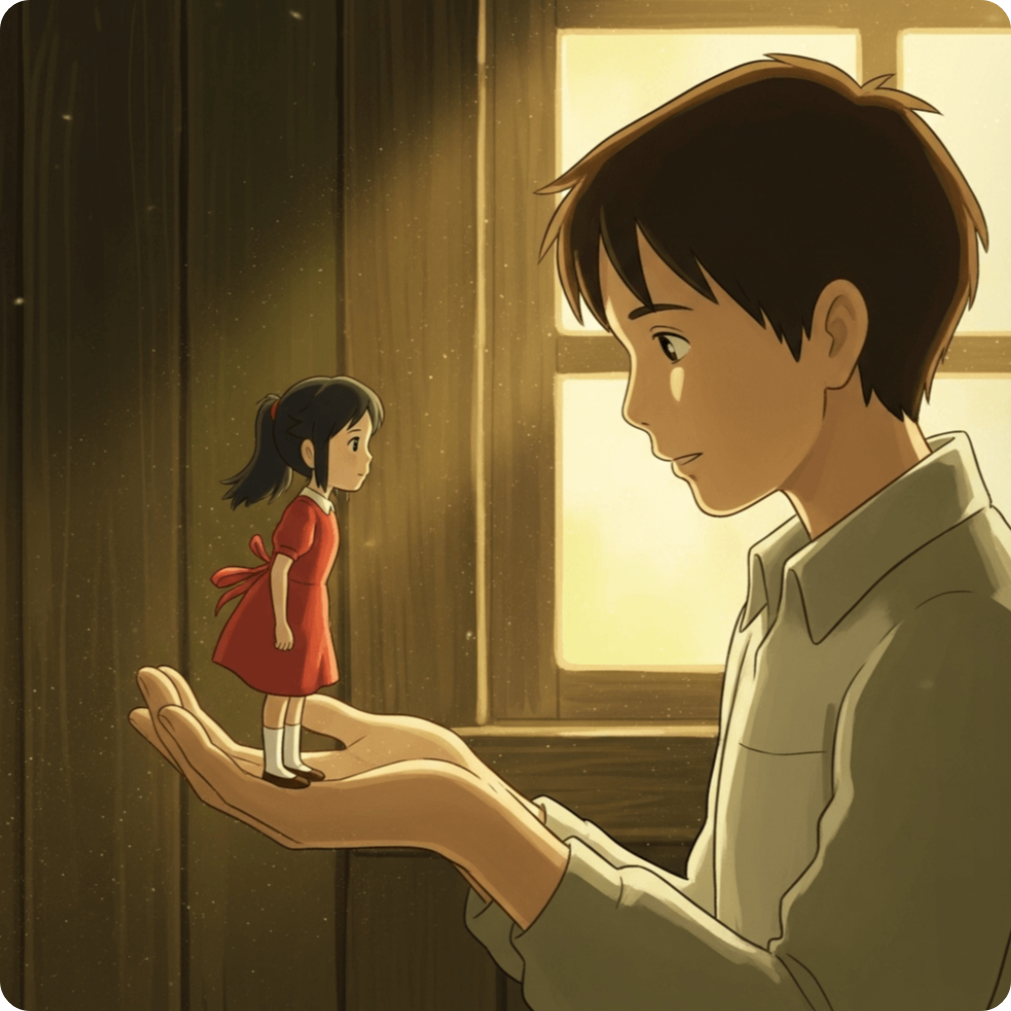 alt="병약한 소년 쇼우의 손 위에 선 아리에티가 따뜻한 햇살 아래에서 서로를 바라보는 장면. 작고 강인한 존재와 인간의 교감이 전하는 치유와 희망의 순간을 담은 일러스트."