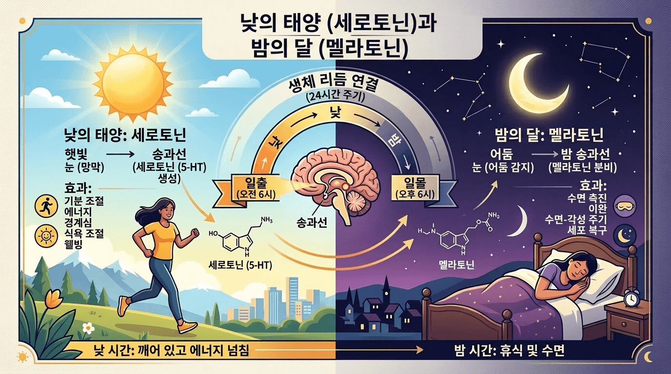 낮의 세로토닌과 밤의 멜라토닌 분비 주기를 나타낸 생체 리듬 도표