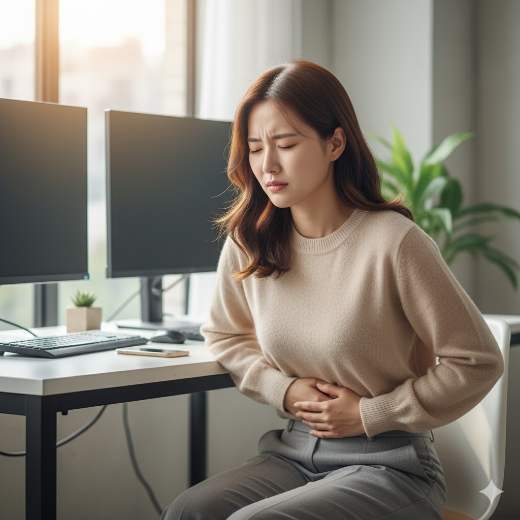 배를 움켜쥐고 불편해하는 여성 직장인