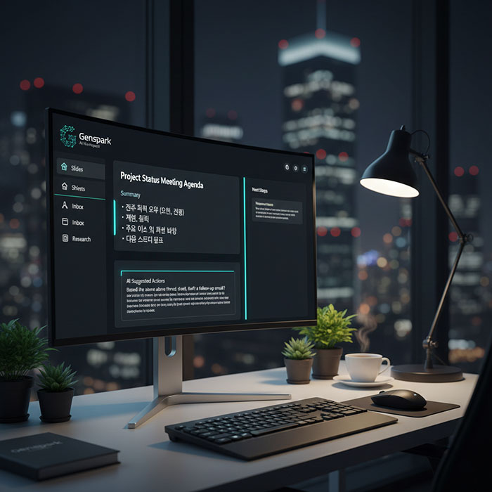 젠스파크 AI 슬라이드 제작 예시", "Genspark 데이터 분석 시트 화면
