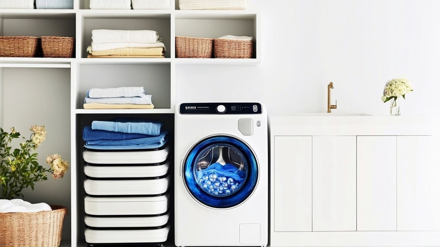 삼성 버블샷 드럼 세탁기가 설치된 공간 효율적인 콤팩트 세탁실, 깔끔한 흰색 톤과 적층형 디자인, 부드러운 자연광이 비추는 세련된 분위기