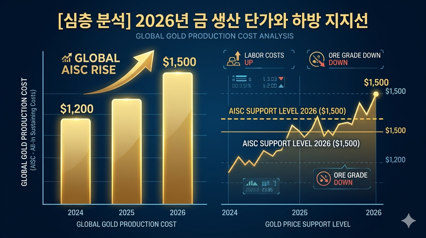 금 생산 원가(AISC) 상승 그래프 - 2024년 $1,200에서 2026년 $1,500로 급증하는 막대 그래프