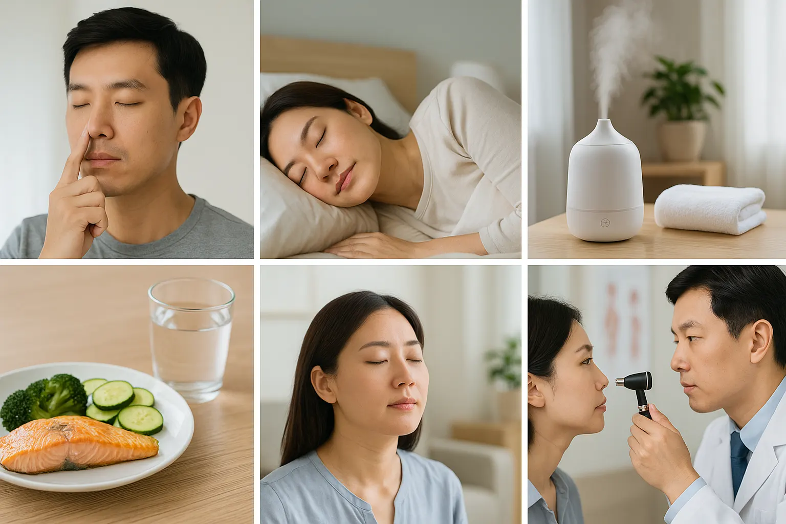 코로 호흡하는 연습을 하는 사람, 입을 다물고 자는 모습을 표현한 수면 장면, 가습기와 젖은 수건이 있는 실내 환경, 건강한 식단과 물 한 컵, 코 건강 체크를 위해 병원 검진 받는 사람