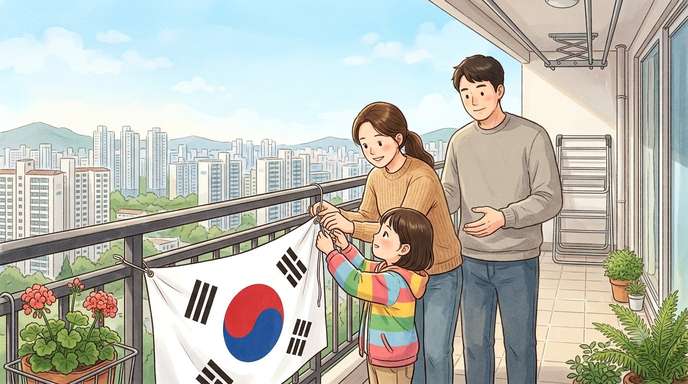베란다에 태극기 거는 가족
