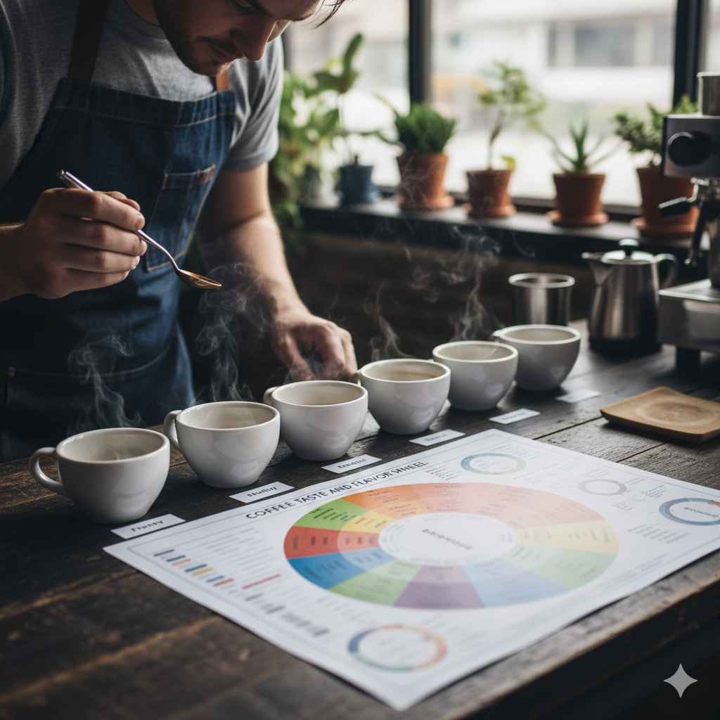 커피 플레이버 휠을 참고하며 향미를 분석하는 커퍼의 모습(이미지 생성:google)