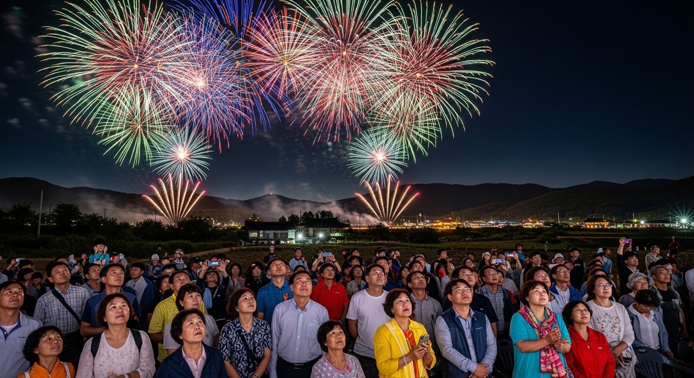 화려한 불꽃놀이 아래 모여든 많은 관람객