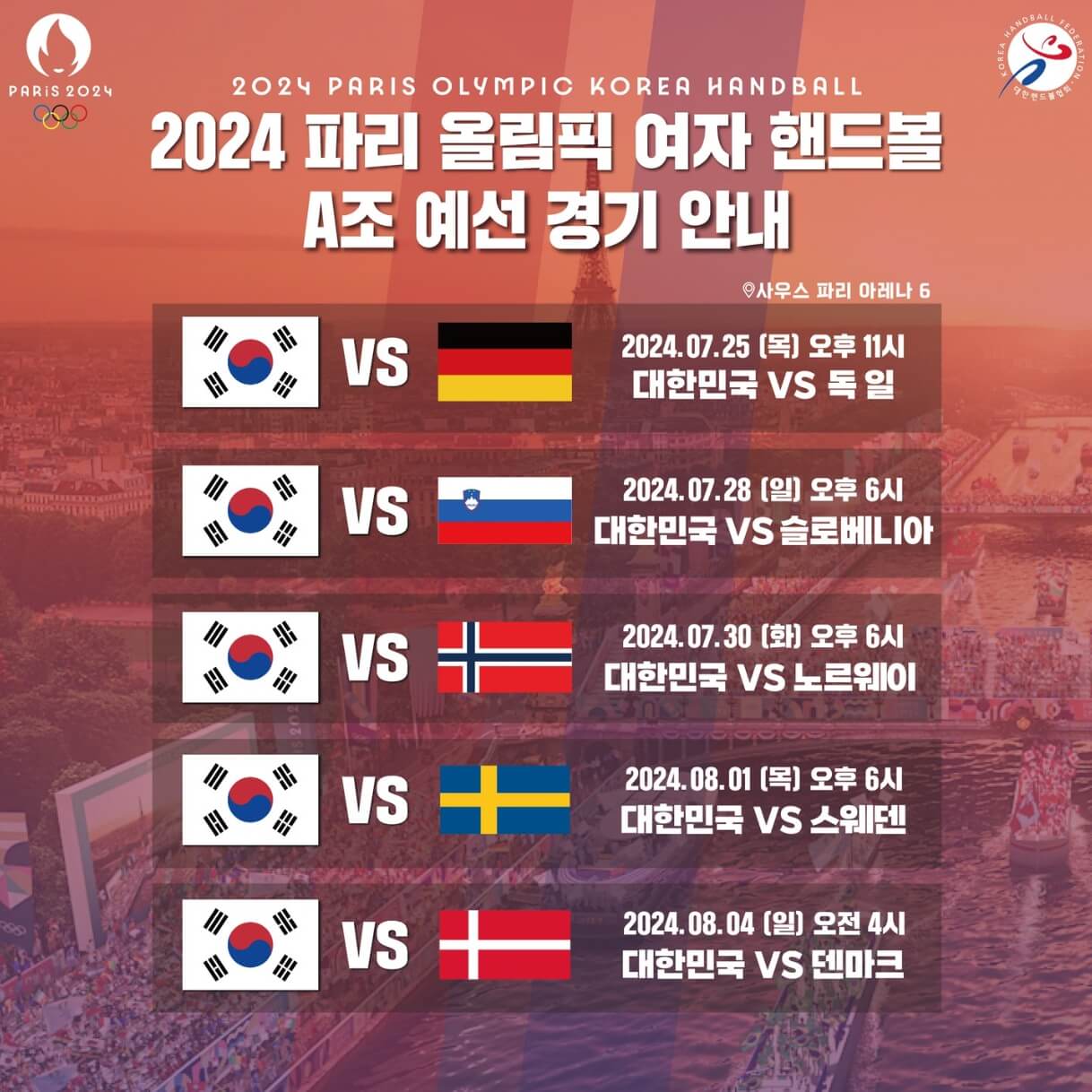 2024 파리올림픽 여자핸드볼 국가대표 선수 명단과 일정, 생중계 보기