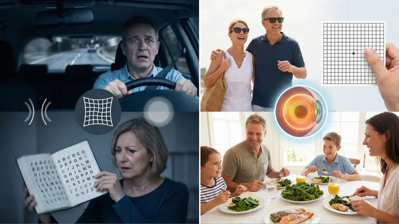 황반 변성으로 시력 저하와 불안감을 겪던 중장년 남녀가 조기 진단, 식단, 생활 습관 개선으로 맑고 건강한 눈을 되찾는 Before/After 모습. 황반 변성 예방과 눈 건강 관리.