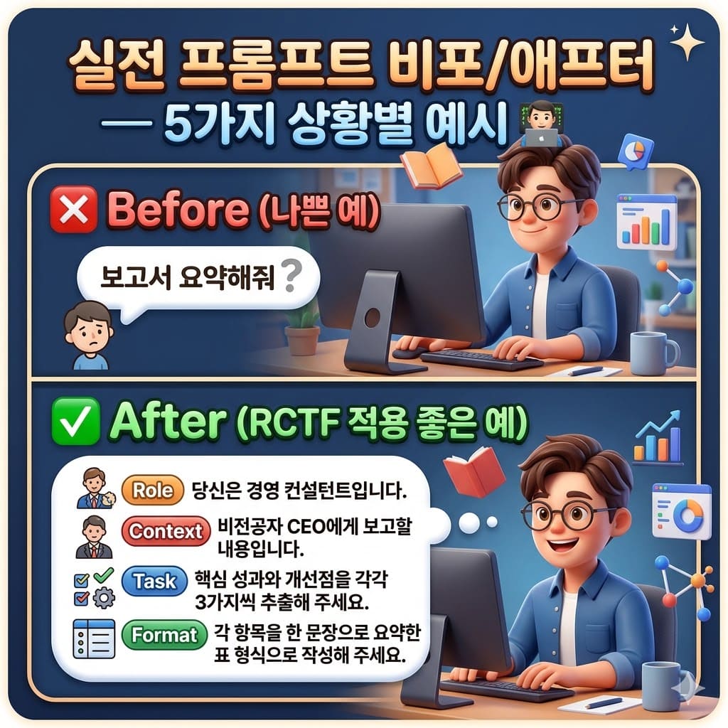 전 프롬프트 비포/애프터 &mdash; 5가지 상황별 예시