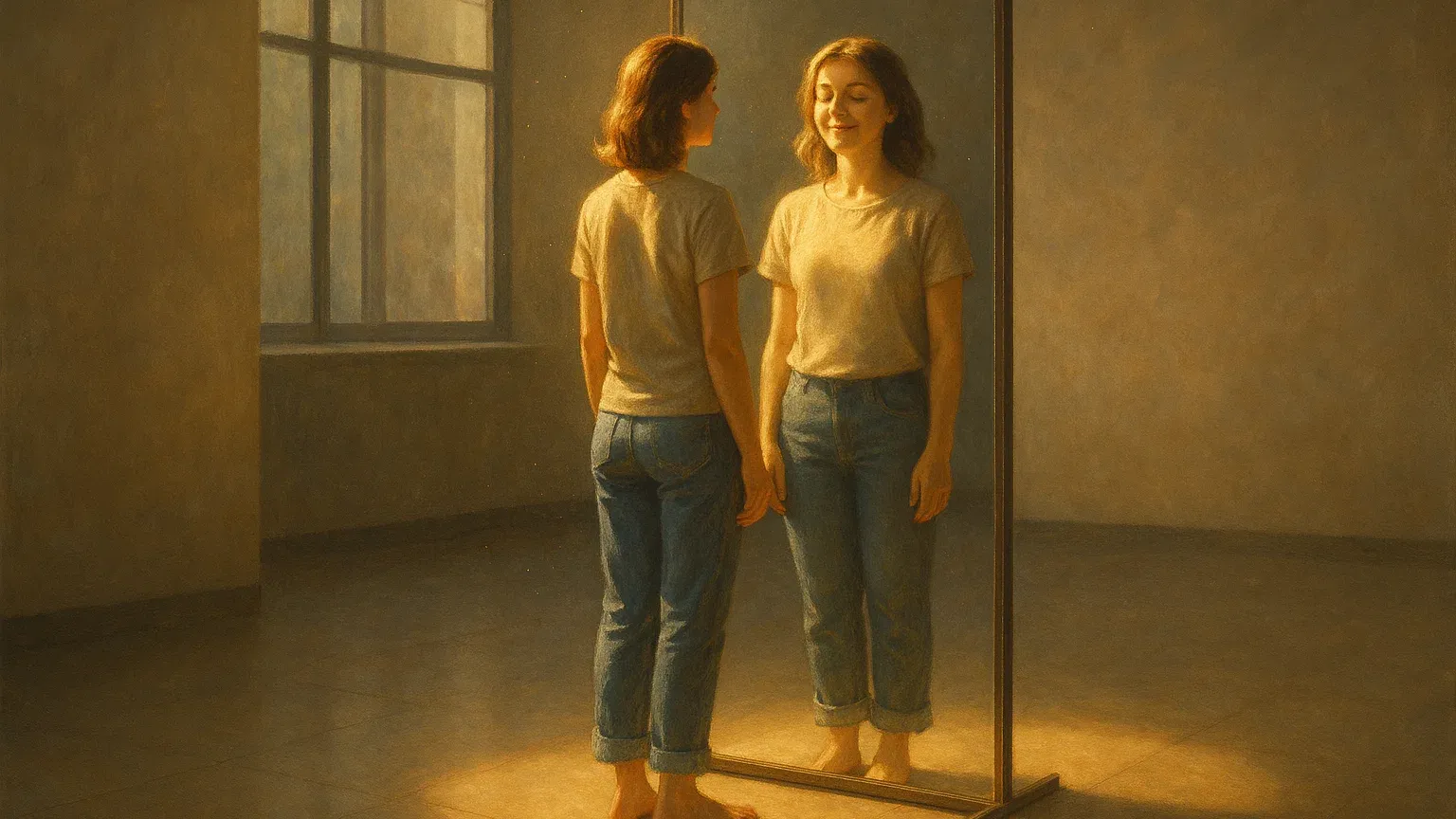 자기 수용을 상징하는 따뜻한 햇살이 비치는 거울 앞의 사람