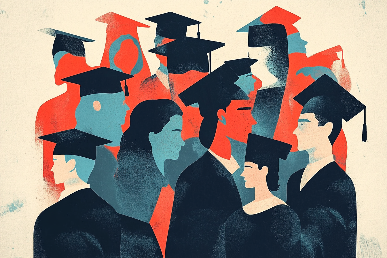 학사모를 쓴 여러 인물 일러스트