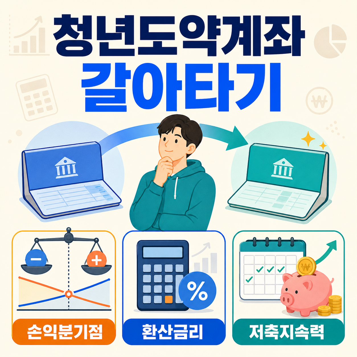 청년도약계좌 갈아타기의 손익분기점&middot;환산금리&middot;저축지속력 인포그래픽