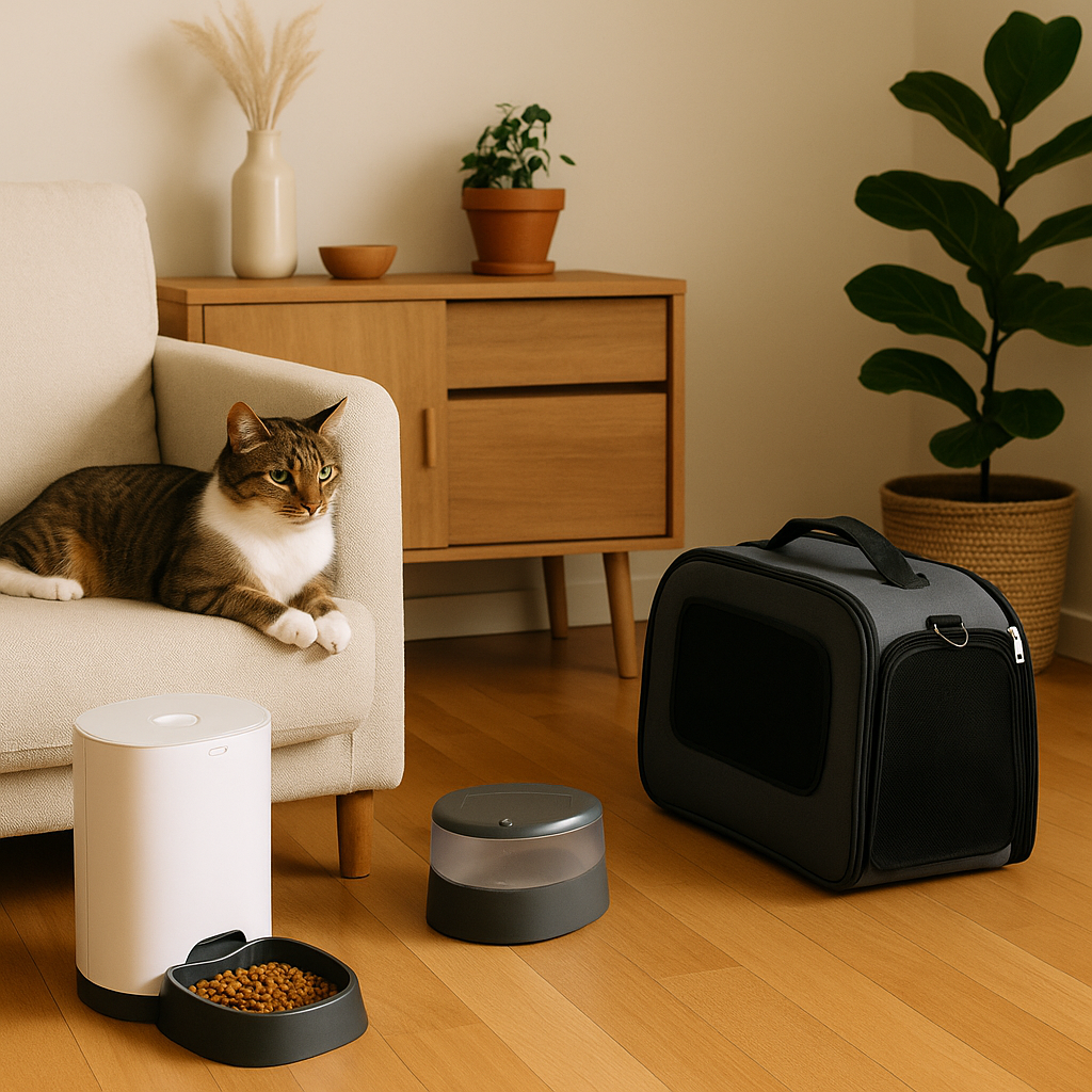 쇼파에 앉아있는 고양이와 자동 급식기 및 급수기 이미지.