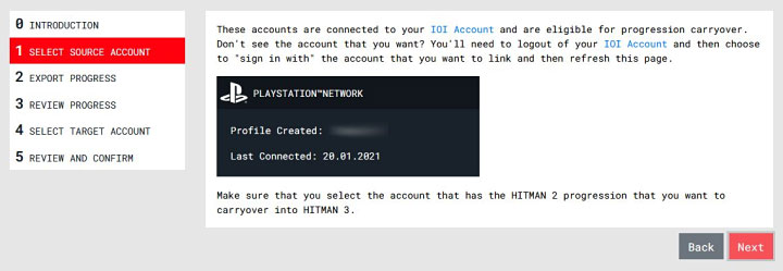 히트맨3 carryover process를 위해 히트맨2와 연동된 IOI 계정을 불러와야한다