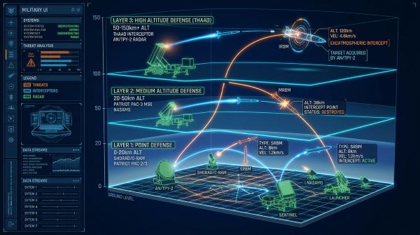 다층방어 개념의 미사일 방어시스템. 사드는 미국이 개발한 고고도미사일방어체계이다.