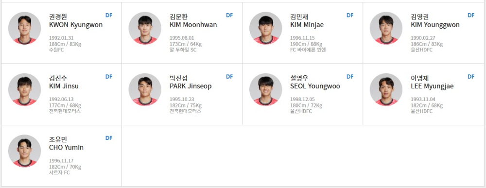 태국전 대한민국 대표팀 DF