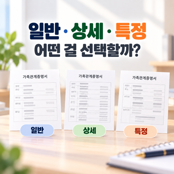 가족관계증명서 일반 상세 특정 중 발급 목적에 맞는 증명서를 선택하도록 안내하는 이미지