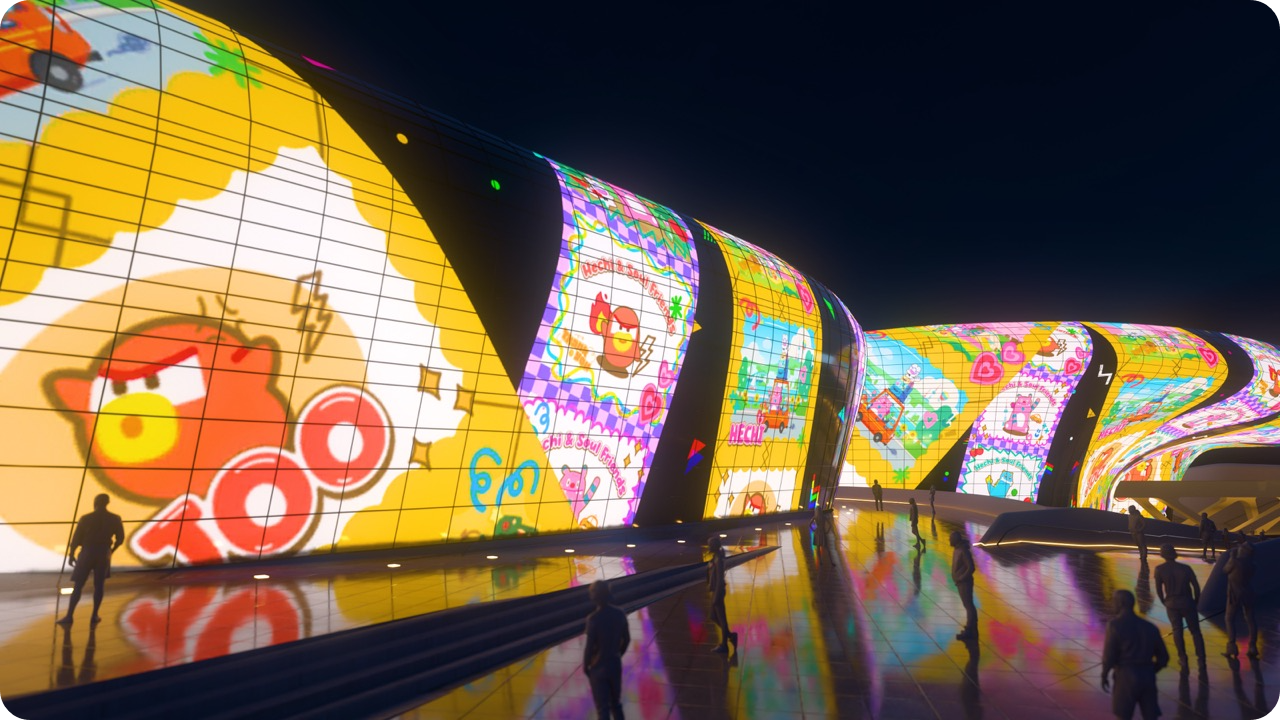 DDP 외벽에 화려하게 펼쳐지는 서울라이트 DDP 미디어 파사드 쇼와 이를 감상하는 한국인 관람객들.