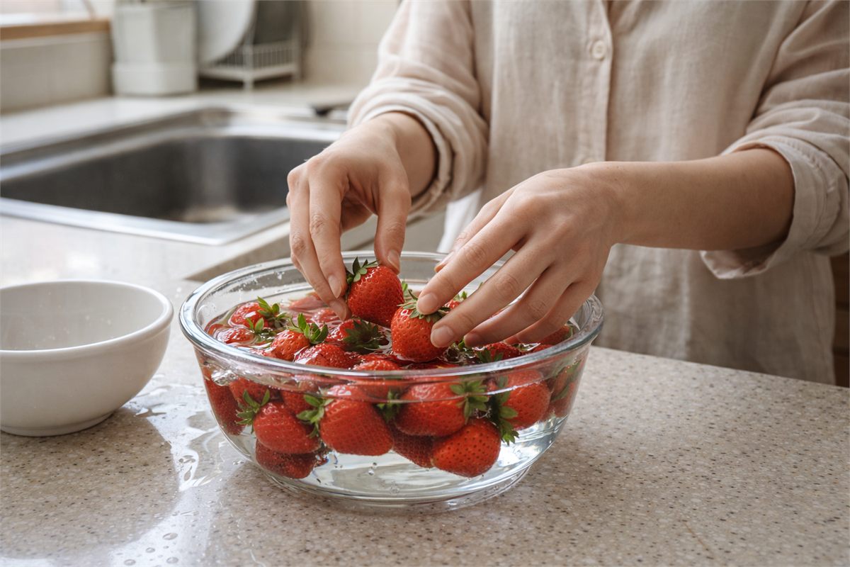 한국형 주방에서 딸기를 물에 담그는 준비 장면 