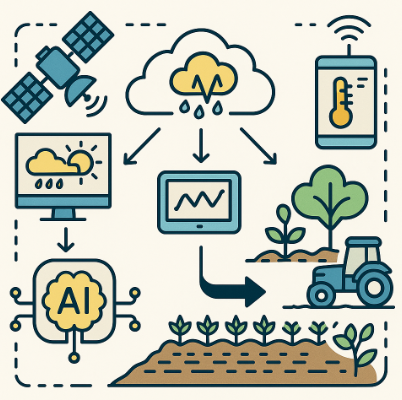 기상 데이터가 위성, 기상청, 농장 센서에서 수집되어 클라우드와 AI 분석 시스템을 통해 농업 재배 의사결정에 반영되는 흐름을 설명하는 스마트 농업