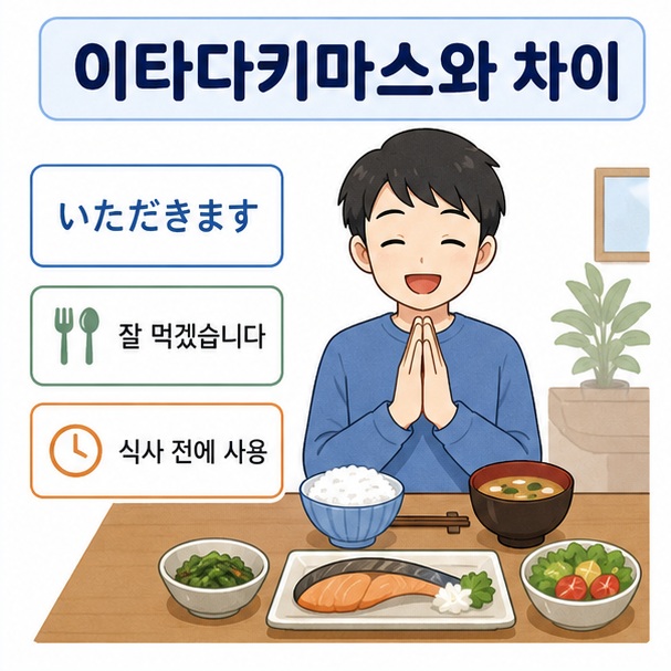 식사 전에 사용하는 이타다키마스는 잘 먹겠습니다라는 뜻으로 타다이마와 사용 상황이 다르다는 점을 설명한 이미지