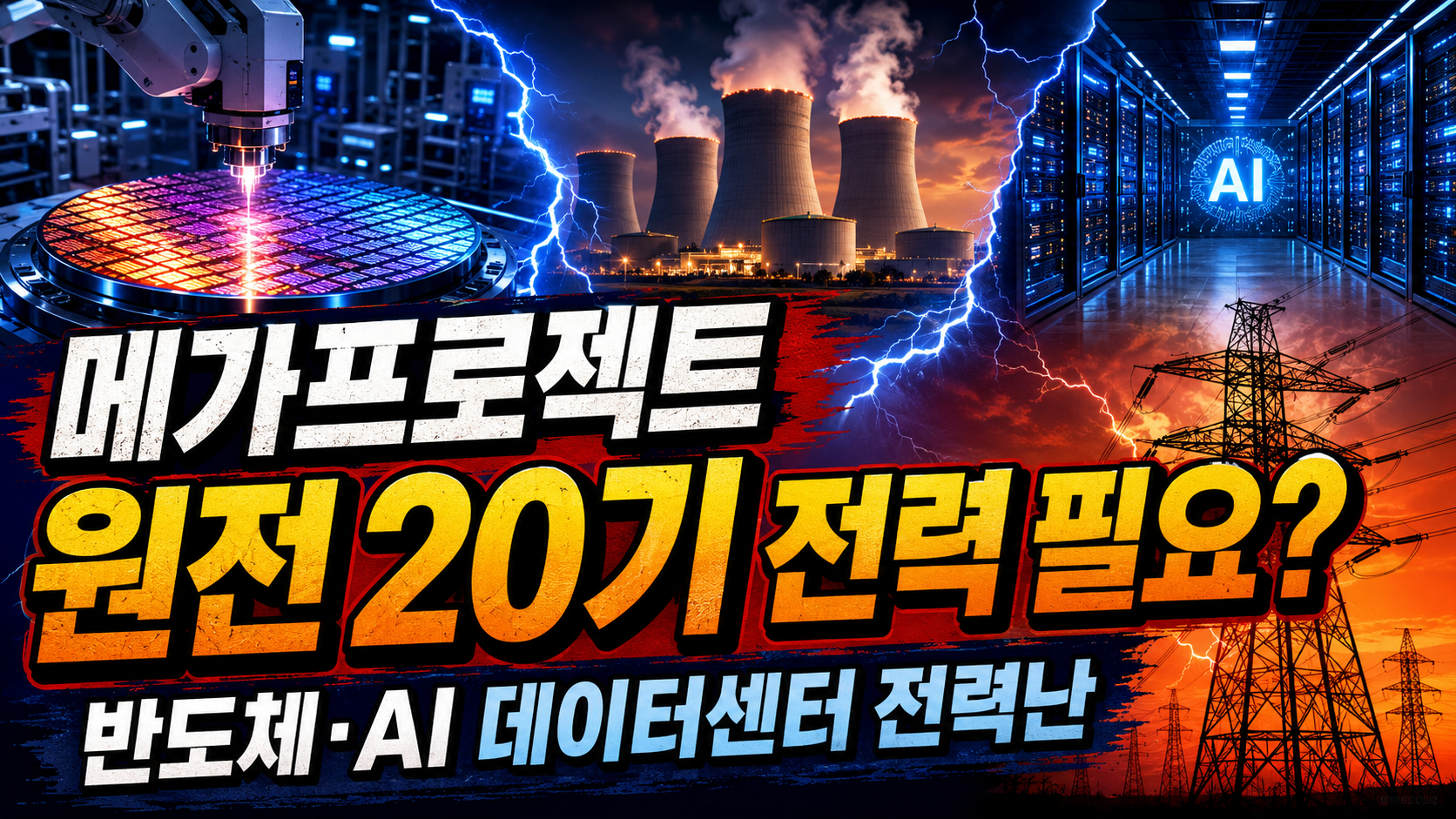 반도체 공장과 AI 데이터센터 메가프로젝트에 원전 20기 규모 전력이 필요하다는 내용을 전력망과 송전망 이슈 중심으로 정리한 정보 이미지