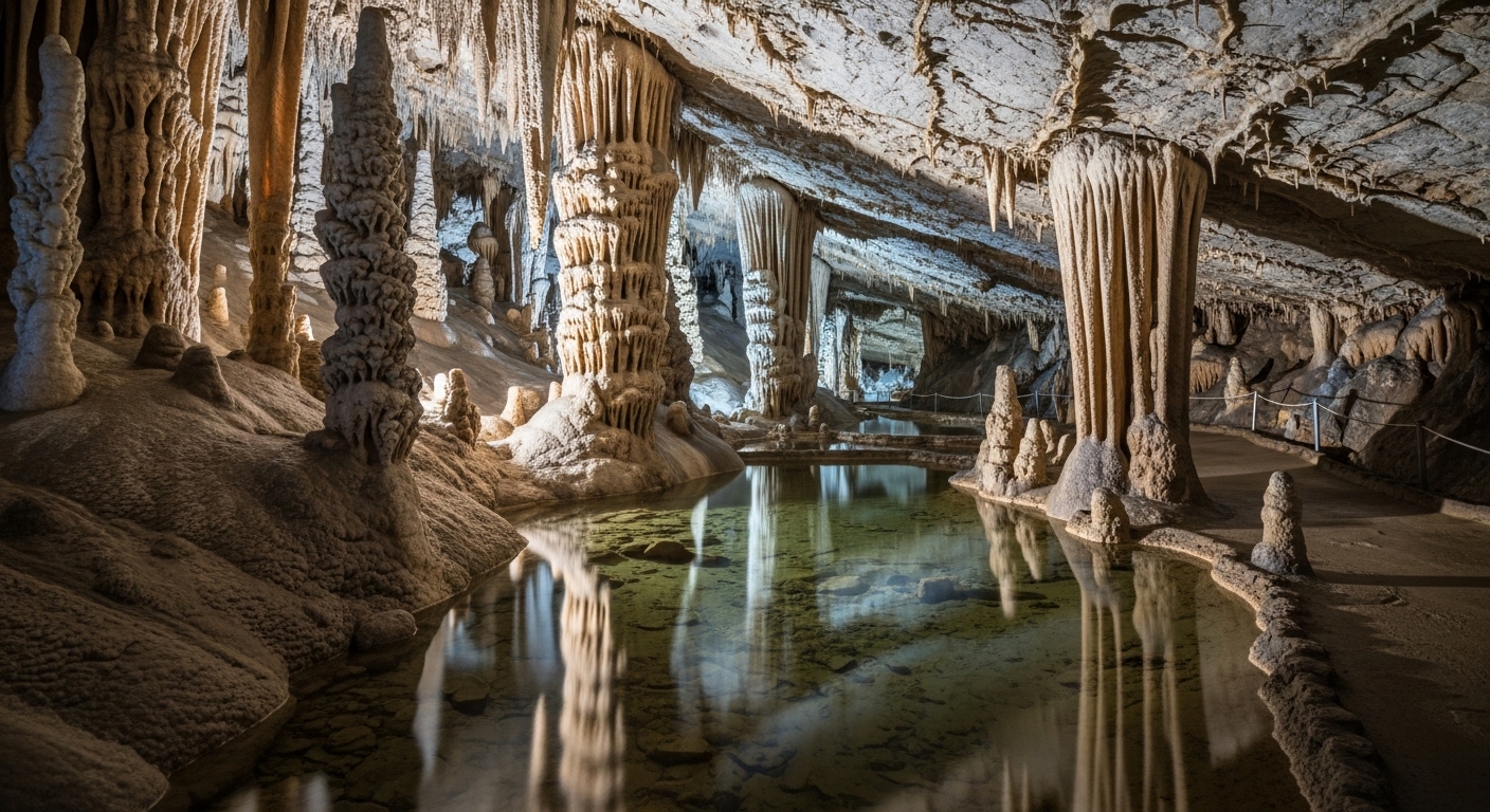 태백 용연동굴 내부의 신비로운 종유석과 석순, 맑은 물이 반사되어 더욱 아름다운 모습.