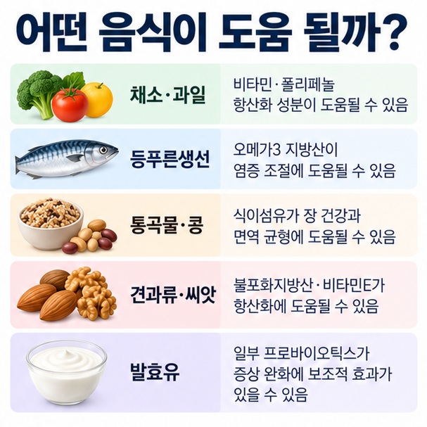 채소 과일 등푸른생선 통곡물 콩류 견과류 발효유의 기대할 수 있는 점과 대표 식품을 비교한 표