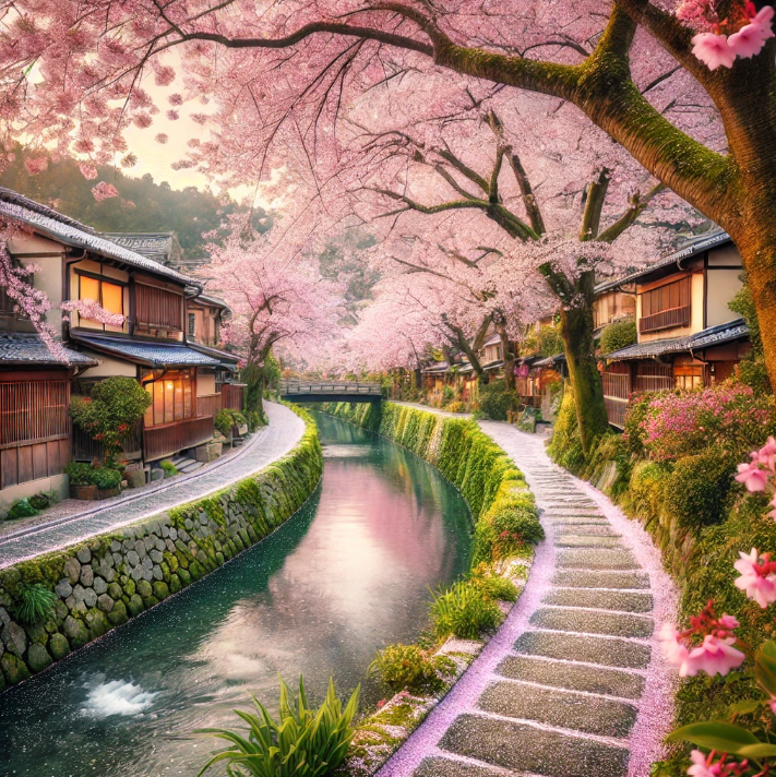 교토의 철학의 길에 벚꽃이 만발한 이미지