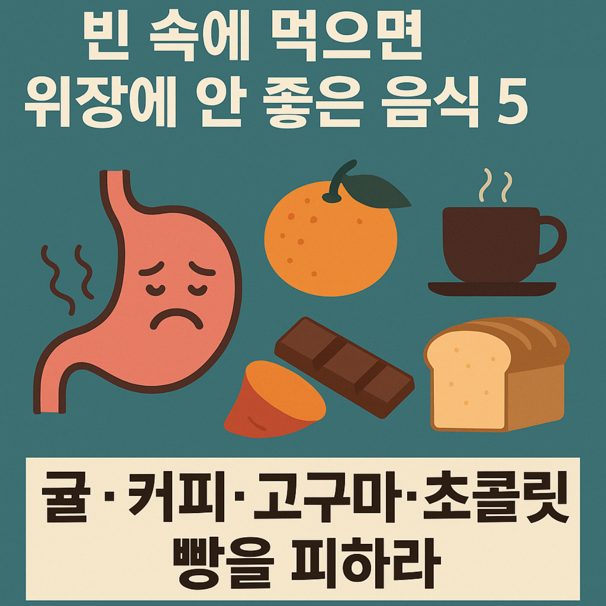 “빈속에 먹으면 위장에 안 좋은 음식 5가지를 경고하는 썸네일, 귤·커피·고구마·초콜릿·빵과 속쓰림을 표현한 일러스트 이미지”
