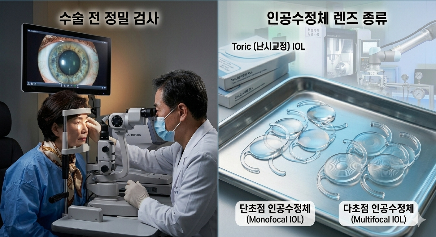 백내장 수술 전 현미경 검사를 받는 환자의 모습과 인공수정체 렌즈가 나란히 놓인 고화질 이미지