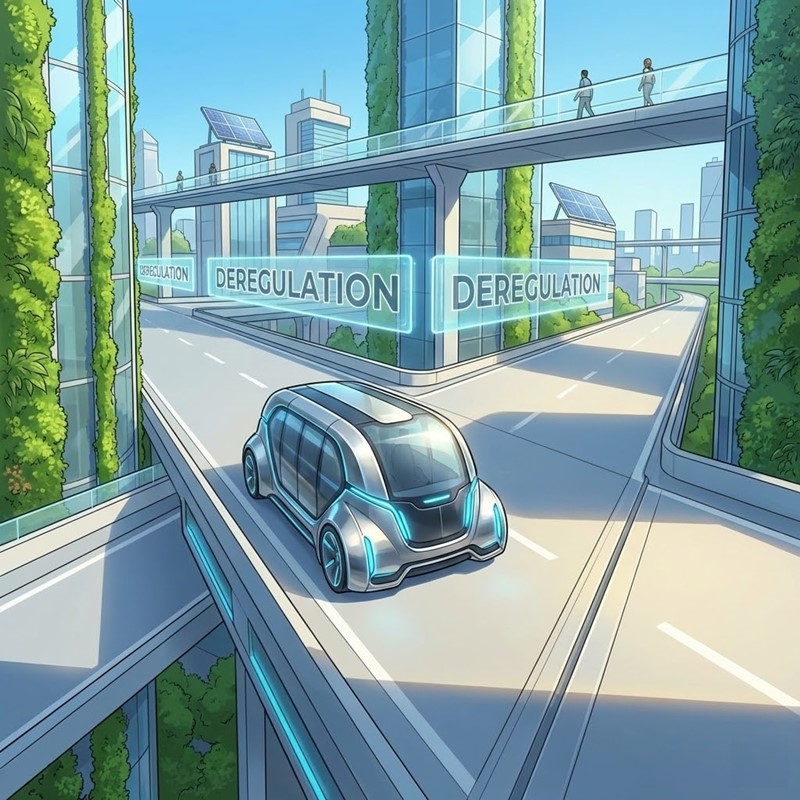 미래 도시를 주행하는 자율주행 자동차 일러스트