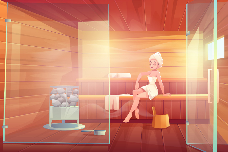 돌난로가 들어 있는 유리벽으로 막혀 있는 실내 사우나에 수건으로 머리와 몸통을 가린 여성이 앉아서 사우나를 하고 있는 것을 그린 만화 그림