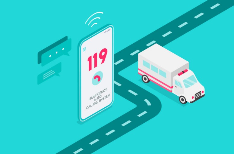 휴대폰에 119가 뜨고 앰뷸런스가 달려가는 그림