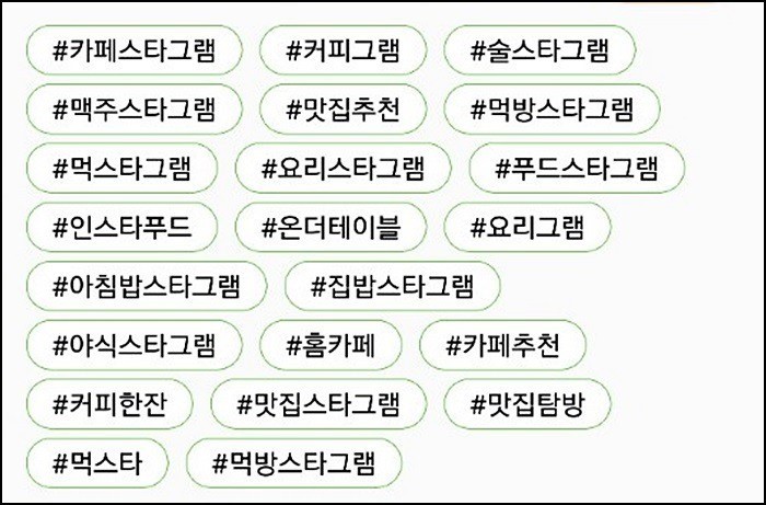 다양한 인스타그램의 해시태그 예시들이다.
#카페스타그램 #먹트사그램 #홈카페 등등.