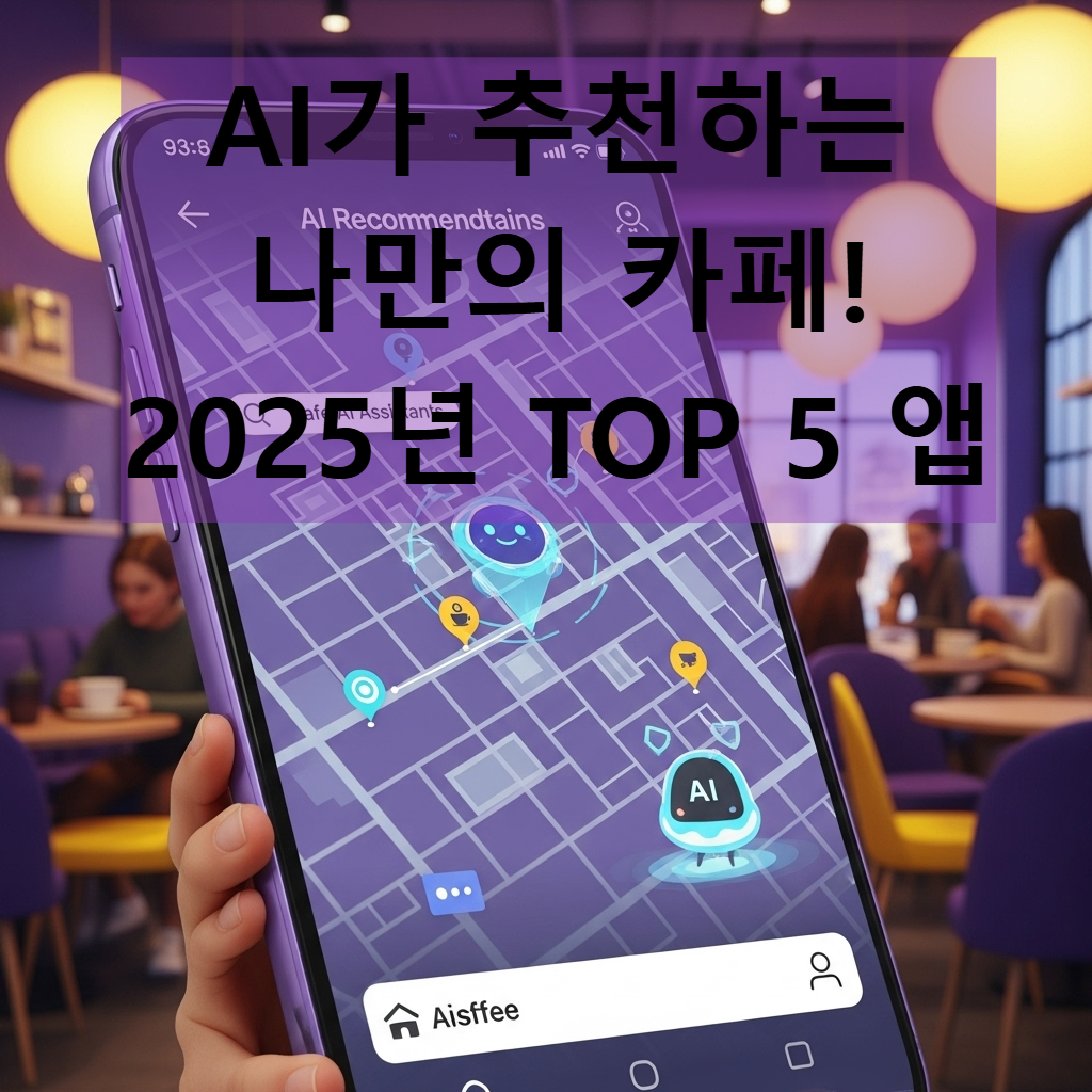 스마트폰 화면을 통해 보이는 AI가 추천하는 다양한 카페들. 화면에는 보라색과 노란색 테마의 현대적인 카페 내부가 지도 위에 표시되어 있으며, 사람들이 커피를 즐기고 있다. AI 기술로 편리하게 카페를 찾는 모습을 상징한다.