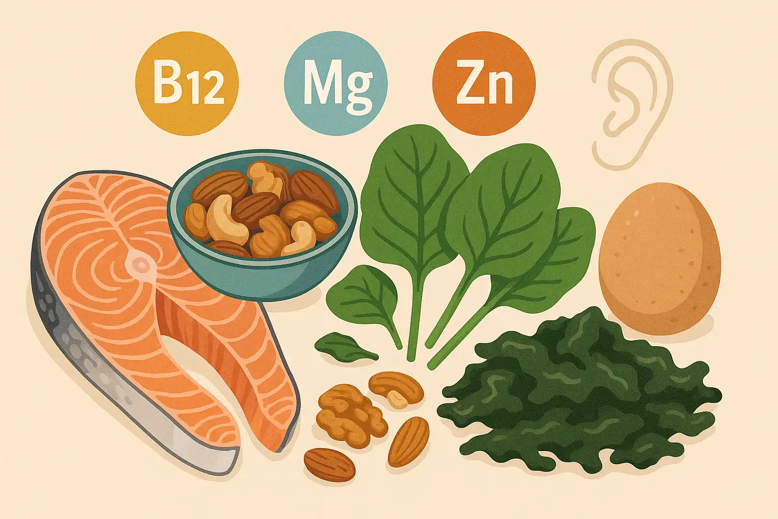 연어, 견과류, 시금치, 해조류, 달걀 등 귀 건강에 좋은 식품 나열, 비타민 B12&middot;마그네슘&middot;아연 등 표시된 영양소 아이콘 추가된 식단 일러스트