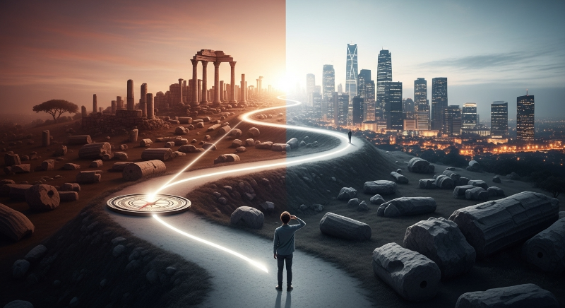 고대 철학부터 현대 자기계발까지, 삶의 목적을 찾아가는 여정을 상징하는 그림.