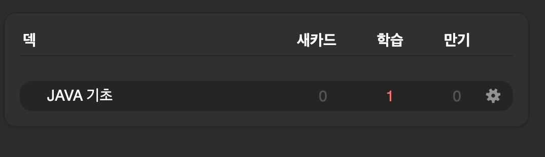 ANKI 프로그램에서 'JAVA 기초'라는 덱을 생성한 화면