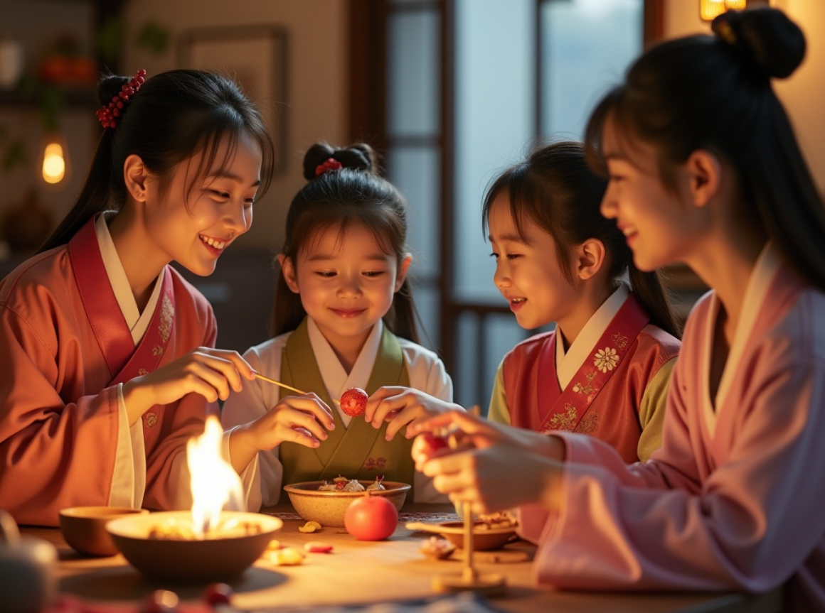 아이들이 명절 옷을 입고 모여앉아 놀이 즐기는 모습
